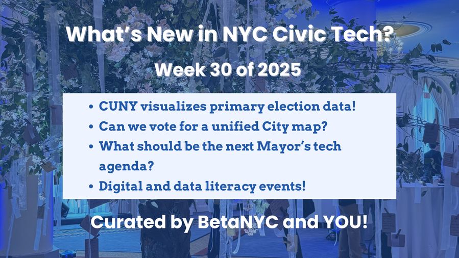 A promotional graphic titled “What’s New in NYC Civic Tech? Week 30 of 2025.” The background shows an indoor event space with floral decorations, branches with tags hanging, and people in the background. A light blue box in the center lists four civic tech headlines in dark blue text. At the bottom, the text reads: “Curated by BetaNYC and YOU!”
