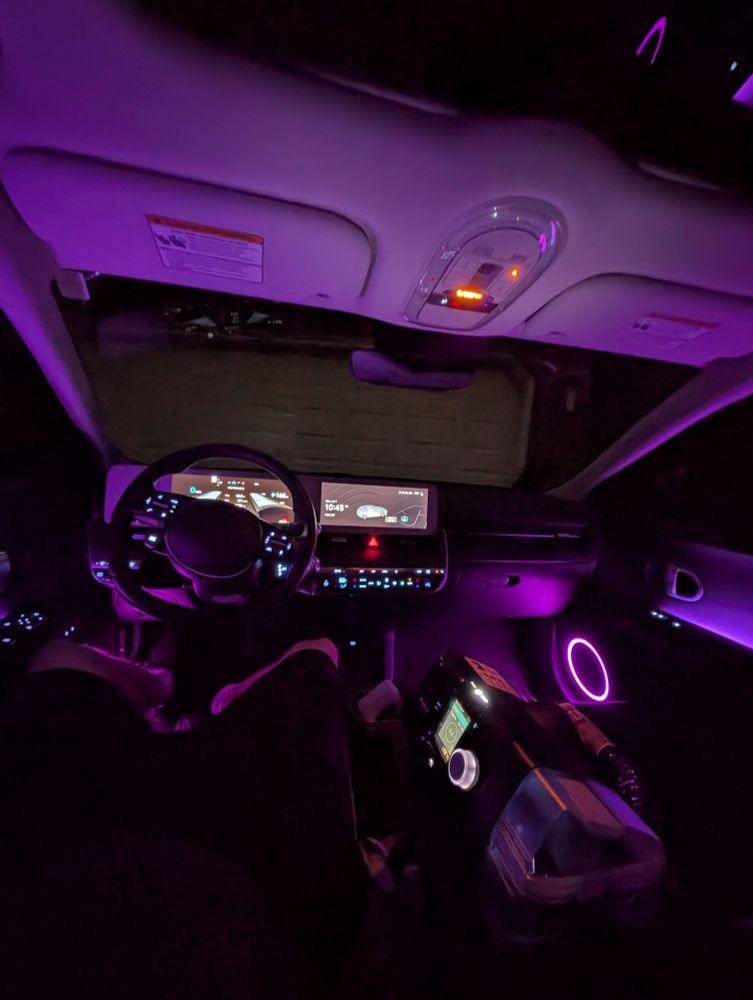 Me, in my Ioniq 5, hooked up to a CPAP machine, during a thunderstorm.