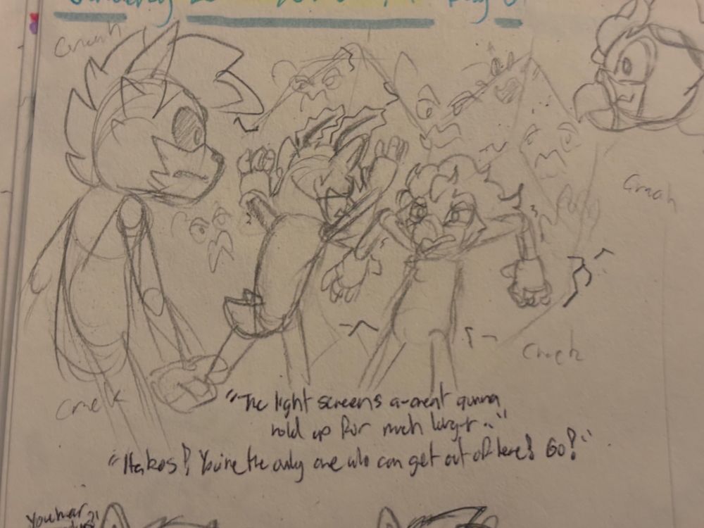 Team Flicker is cornered in a building by a Zombot horde. Nyxo has set up a hard light wall bunker but the Zombots are pressuring them and the wall is beginning to crack, Nyxo and Jawk starting to push back but it’s little help. They’re desperate.

Nyxo: The light screens a-aren’t gonna hold up for much longer…
Jawk: Hakos! You’re the only one you can get out of here! Go!