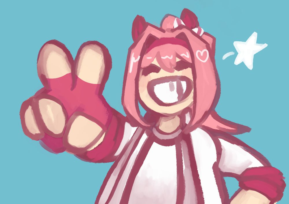 Haru Urara giving a peaceeee sign and cheesing to the camera.