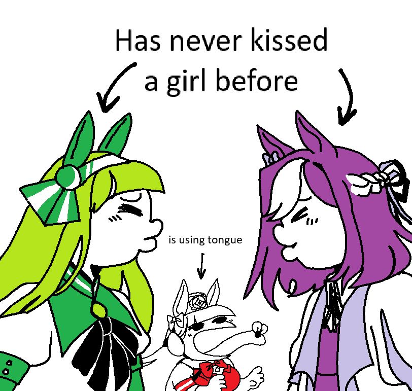 Special week and Silence Suzuka puckering up to kiss. Arrows above their head say "Has never kissed a girl before".  Gold Ship is catching a fly with her tongue (badass) in the background. An arrow above her says "is using tongue".