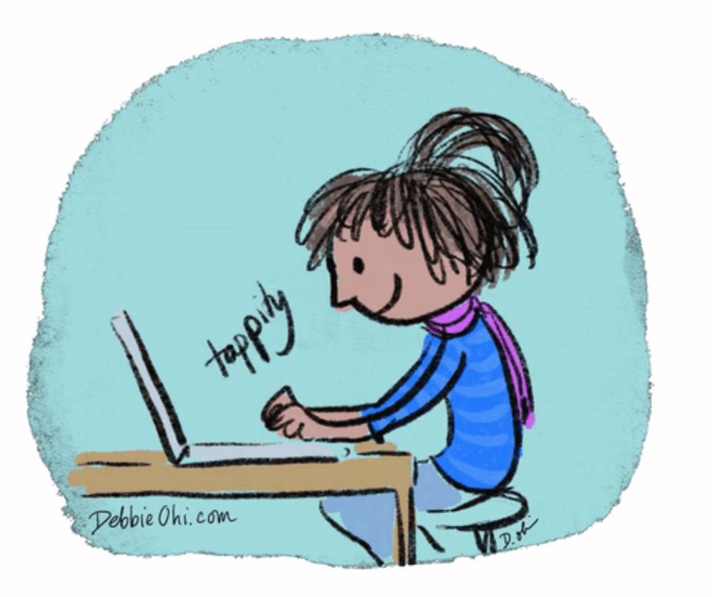 a cartoon of a girl typing on a laptop with the website debbieohi.com visible