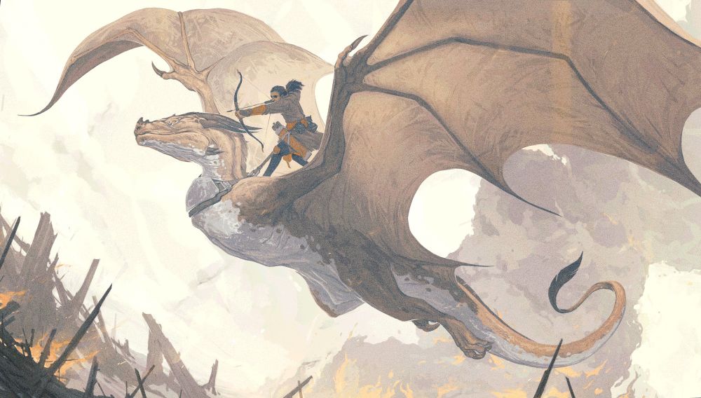 A painting of a dragon soaring over a battlefield, with a rider wielding a bow and arrow. Big fire in the background.