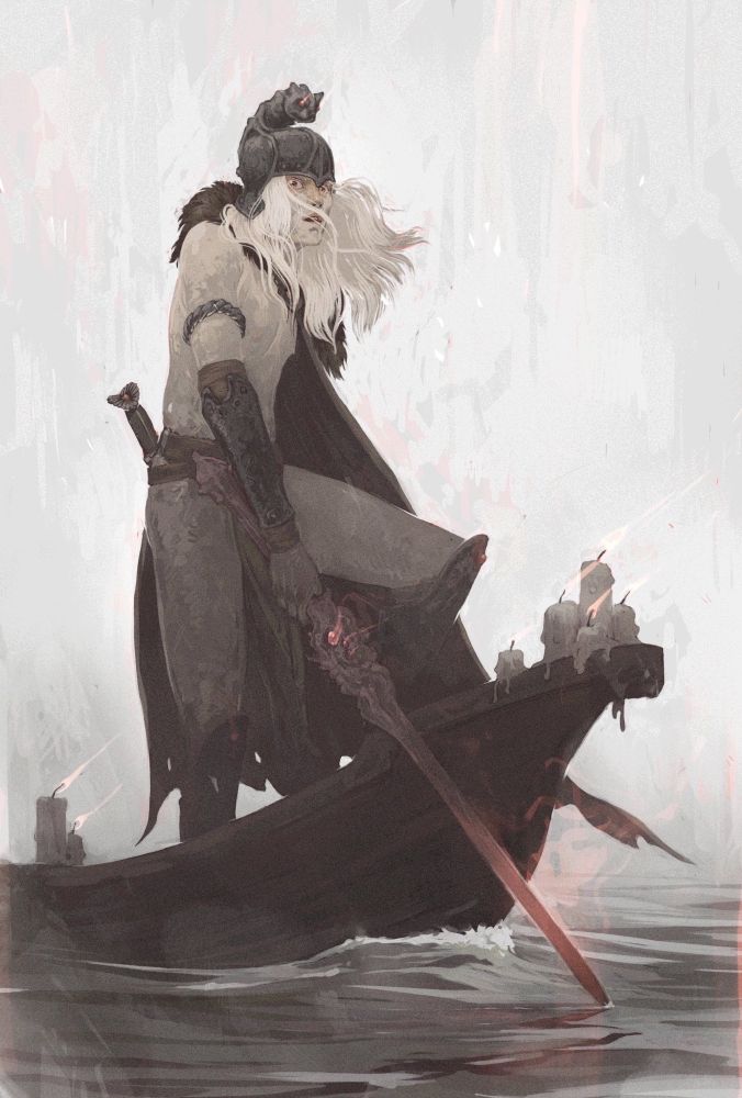 Elric of melnibone stands at the front of a small boat, blown towards some terrifying future. He's surrounded by candles and is holding the sword Stormbringer.