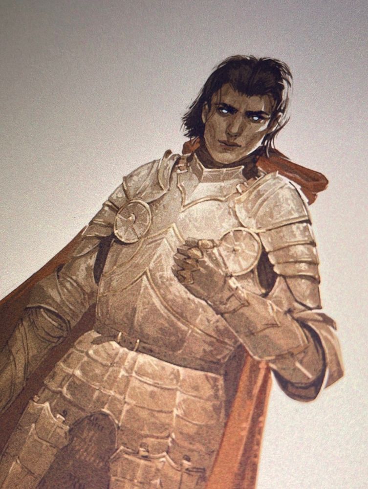 A photo of a painting of a knight in late 15th century armour with a red cape and hood and glowing blue eyes.