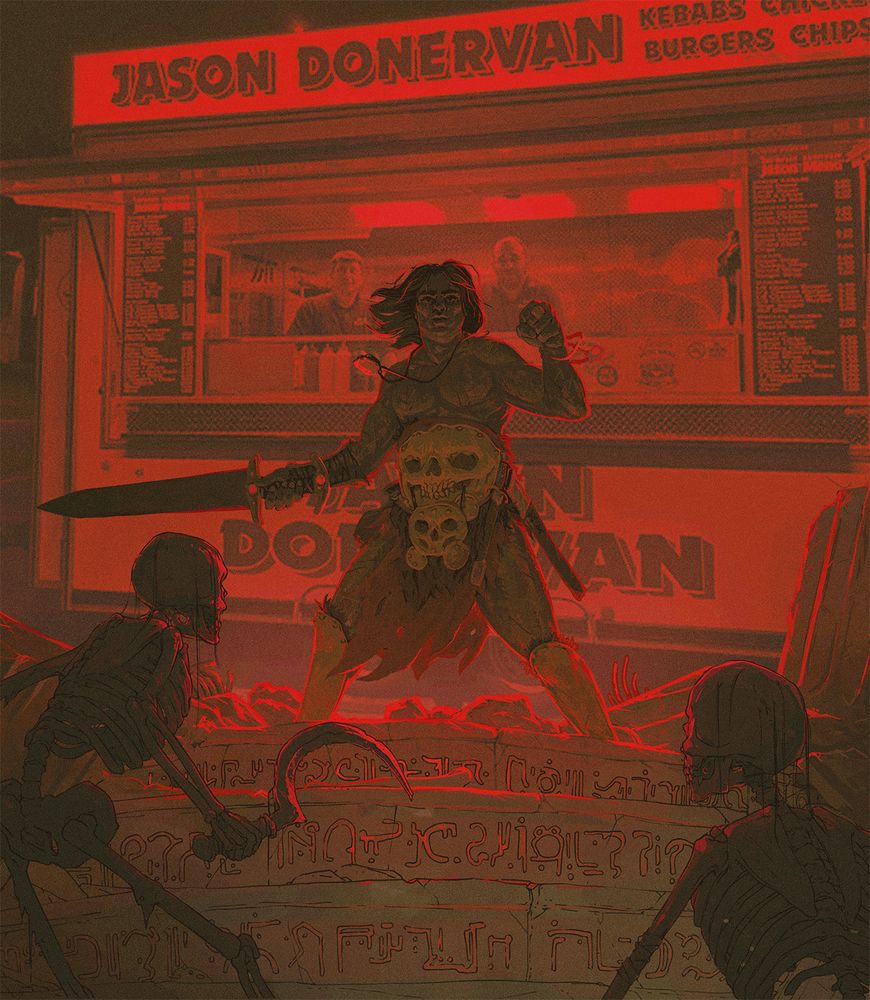 barbarian in front of a kebab shop.