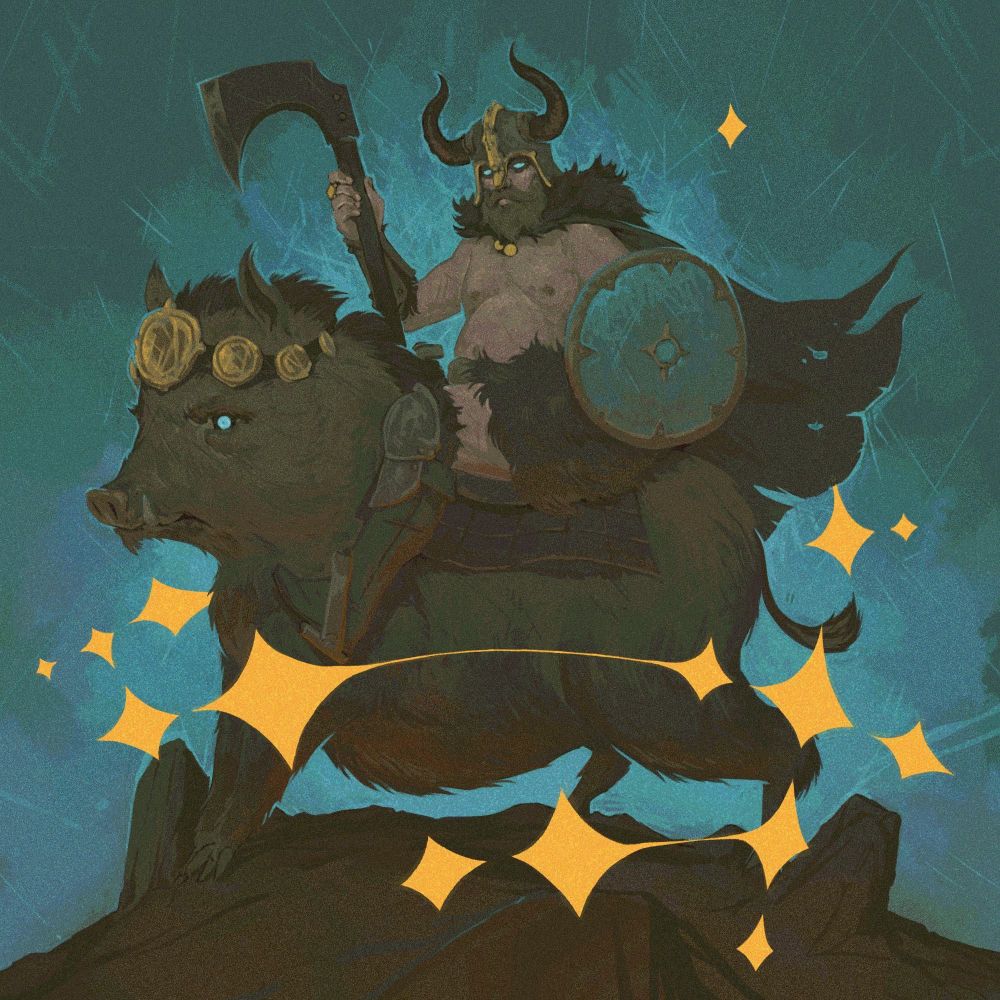 A gentleman in a horned helmet with an axe and a shield sits astride a big hog. They are surrounded by marigold yellow stars. 