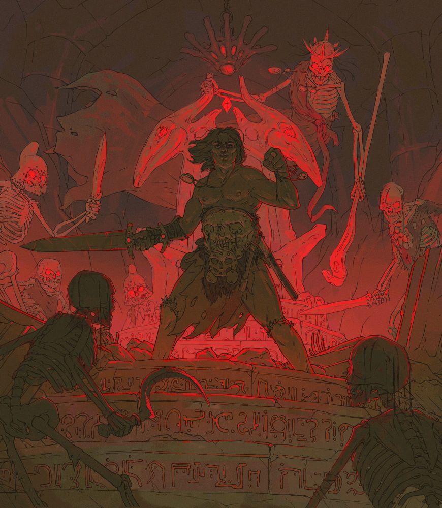 a barbarian stands on a dias backlit by a magenta glow and surrounded by skeletons who are looking to get him.
