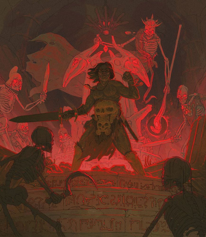 a barbarian stands backlit in pinky red surrounded by skeletons that seek to do him ill