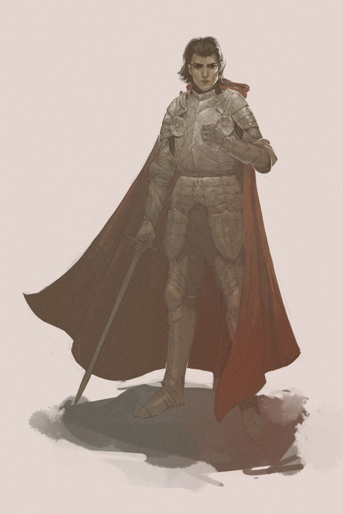 an androgynous knight in a nice long red cloak.