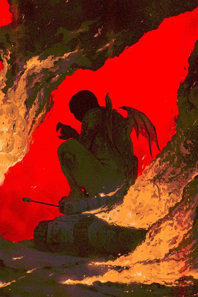 A sleep paralysis demon sits atop a burning tank against a vivid blood red sky.