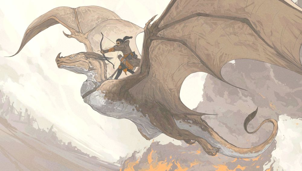 A work in progress painging of a dragon with an archer strapped to its back, in the background there's a big fire.