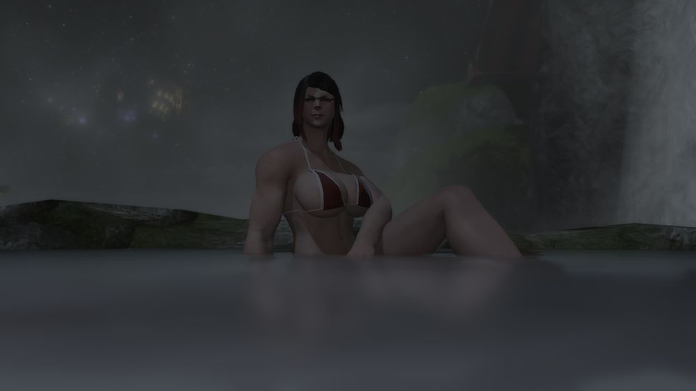 Picture is of Caeldran sitting in the hotsprings of Kugane at night. She is wearing a small-ish red and white bikini, is smiling at the camera.