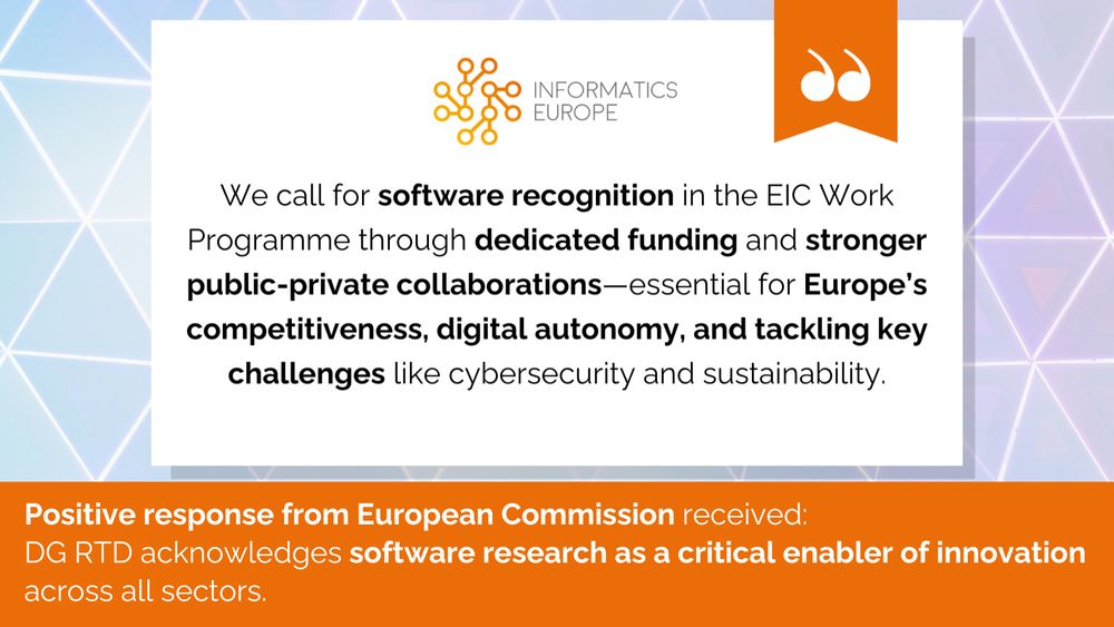 Positive response from European Commission has been received for Informatics Europe's recent Open Letter on EIC Work and software research recognition. Join Informatics Europe to enhance our common voice for further advancement of Informatics research and education.