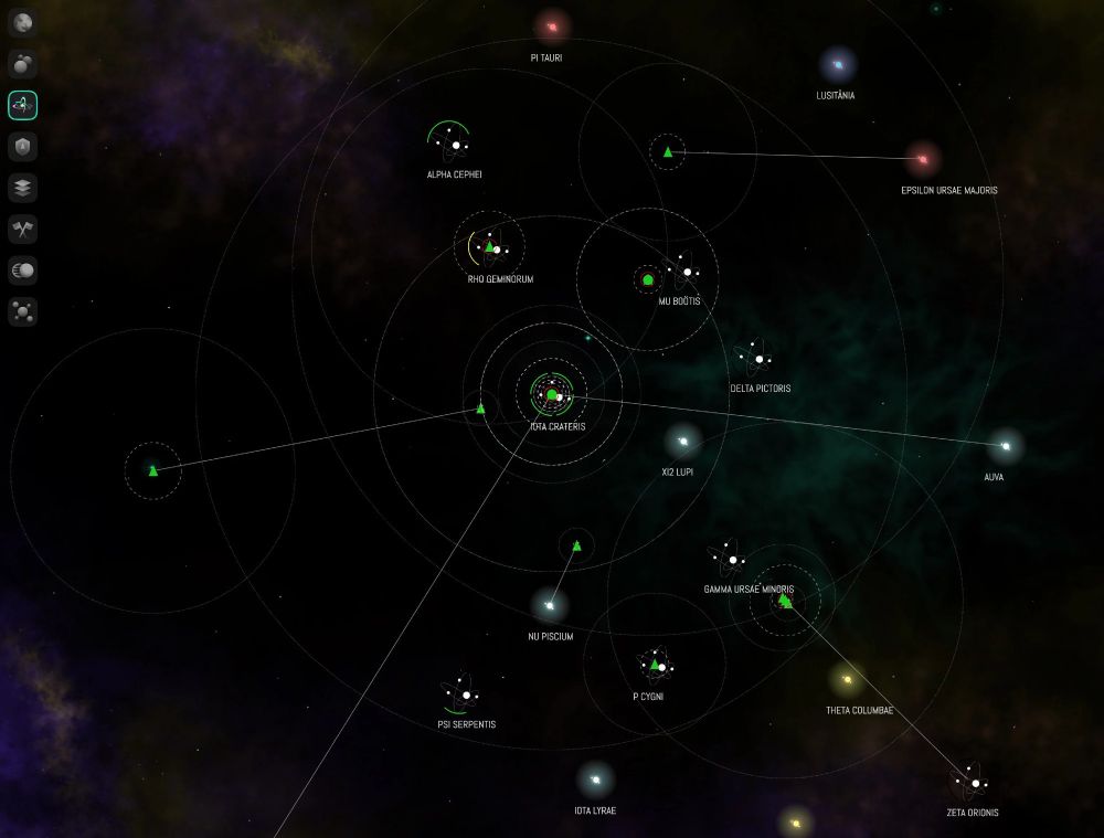 Screenshot of Galactic Impact web game showing a 2d Star Map with Ship Chits and travel lines, as well as a lightweight navigation UI.