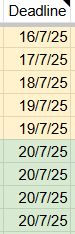 A screenshot of a spreadsheet with column header 'Deadline'. Below are 9 dates between the 16th and 20th of July.