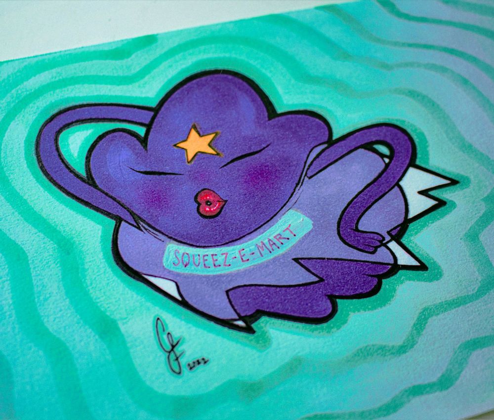 Art of Lumpy Space Princess mugging for the camera as she rocks her Squeez-E-Mart bag dress. Done with Copic markers on mixed media paper.
