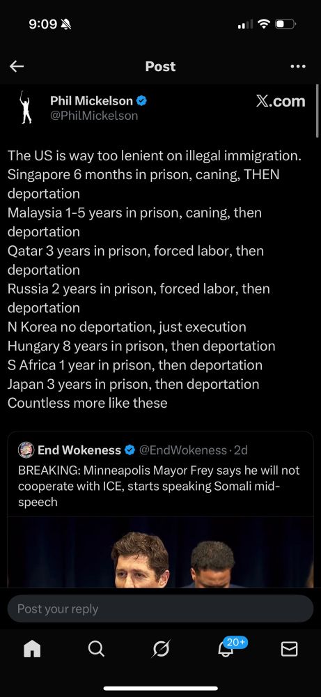 Phil Mickelson tweet about US's leniency on immigration compared to a list of other country's punishments, including North Korea.