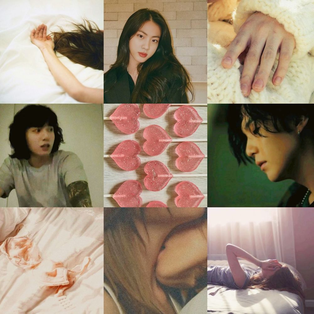 fic moodboard with nine squares. row 1, R-L: a light skinned person's arm, palm up, and long dark hair are splayed across white bedsheets; a cisswap edit of girl kim seokjin - she has long dark hair and is wearing a black shirt, and is looking directly at the camera in a sultry sort of way; and a close-up of yoongi's hand resting on a white knit sweater. row 2 R-L: screenshot of Jungkook from a live - he looks beautifully androgynous, is glancing to the right, has the perfect lesbian bob haircut, is wearing a white t-shirt and tattoos are visible on his arm; a shot from above of pink glittery heart-shaped lollipops; a close-up photo of Yoongi with long-ish dark hair, he's looking slightly down. row 3, R-L: a lacy pink bralette resting on similar-colored sheets; a close up of a girl kissing another girl's throat, just their neck, chin, lips and hair visible; a side profile photo of a girl laying on her back on a bed, hands covering her face, with a window behind her where light streams in.