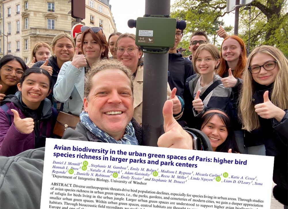 Photograph of a group of University of Windsor students on a Study Abroad field course in Paris, France. We're giving the "thumbs up" next to a Song Meter we used to record birds in urban parks. Superimposed over the photo: the title of our new paper in the journal Avian Conservation and Ecology: "Avian biodiversity in the urban green spaces of Paris: higher bird species richness in larger parks and park centers."