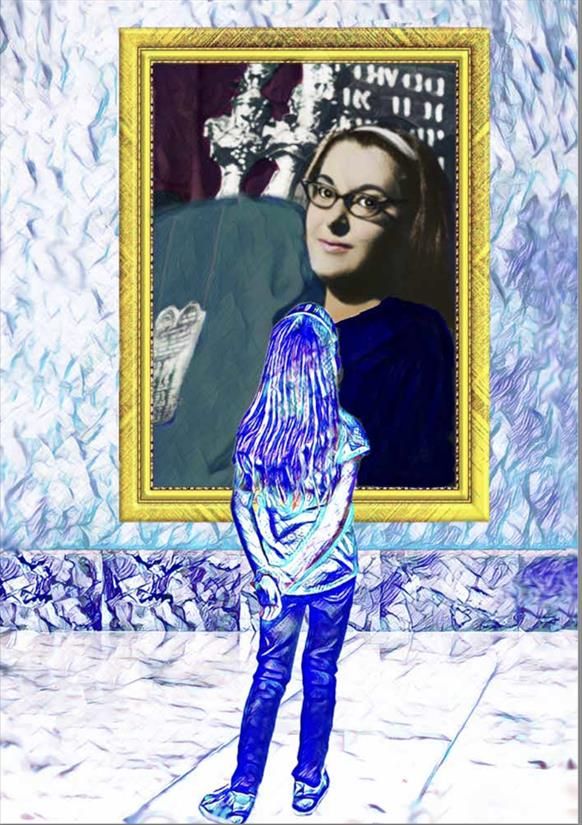 digital illustration showing a tween girl from the back with long hair looking at a portrait of Priesand on a wall in a gold frame; Priesand is a young woman in glasses; a torah scroll is beside her