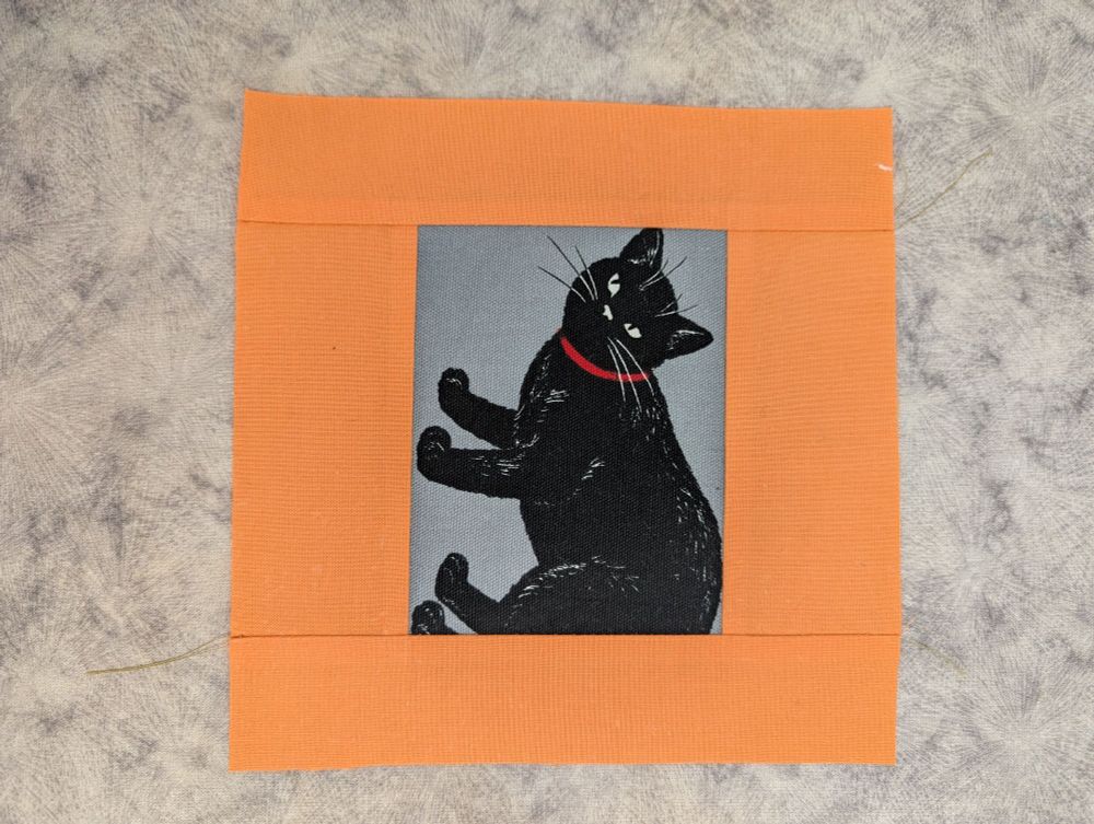 A sideways quilt block of a black cat with a red collar and an orange border