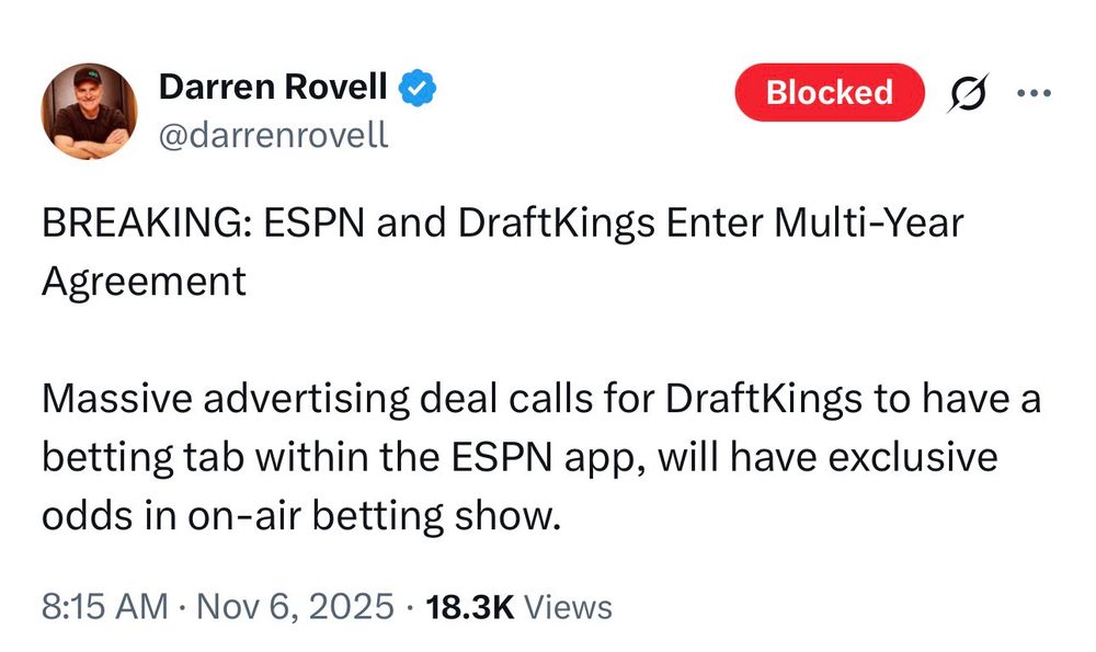 Darren Rovell tweet 

“BREAKING: ESPN and DraftKings Enter Multi-Year Agreement

Massive advertising deal calls for DraftKings to have a betting tab within the ESPN app, will have exclusive odds in on-air betting show.”
