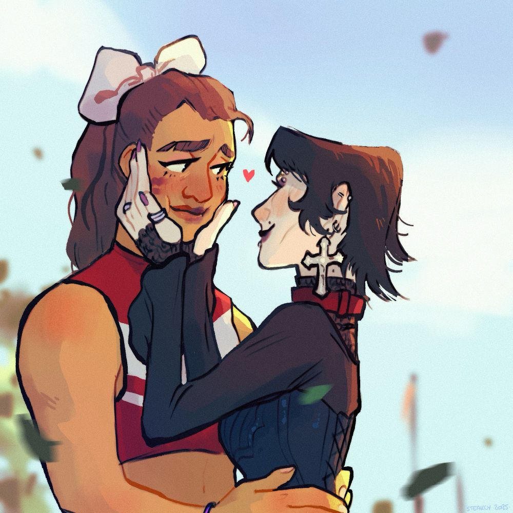 Fem Jayvik - Jayce in a cheerleader uniform with a high ponytail and a huge white bow. She looks fondly at Viktoria who is squeezing her cheeks between her hands. V has box dyed black hair with brown roots, a huge gothic cross earring, a red collar, a lace bodysuit, a black dress and a black corset. She has purple eyeshadow and lipstick, Jayce has lipstick stains on her lips and cheek. Background is a blurry outdoor