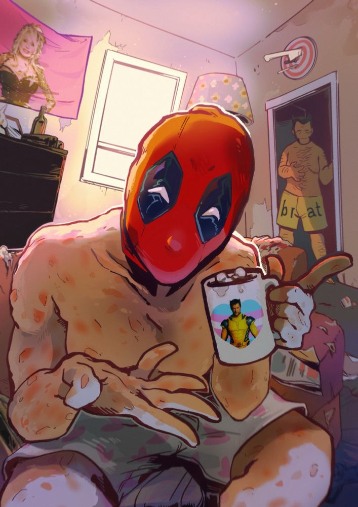Illustration of Deadpool, wearing only his mask and heart patterned briefs, sitting on his couch in his living room, showing us a mug with hot chocolate and mini marshmallow, a picture of Worst Wolverine in a trans flag heart printed on it 
The living room is dirty and a mess, there’s a Dolly Parton flag on a wall, and behind Wade is Logan coming out of the bedroom, sleepily scratching his chest, he’s wearing a brat short and you can see his too surgery scar