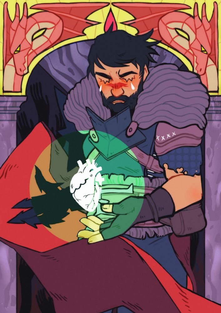 Digital art of male Hawke from dragon age 2 with his champion mage armor. His eyes are closed and he has a tear on each cheek. Between his hands floats a white heart glowing. The background is an arch with stained glass depicting 2 mirrored red dragons and a drop of blood in the middle 