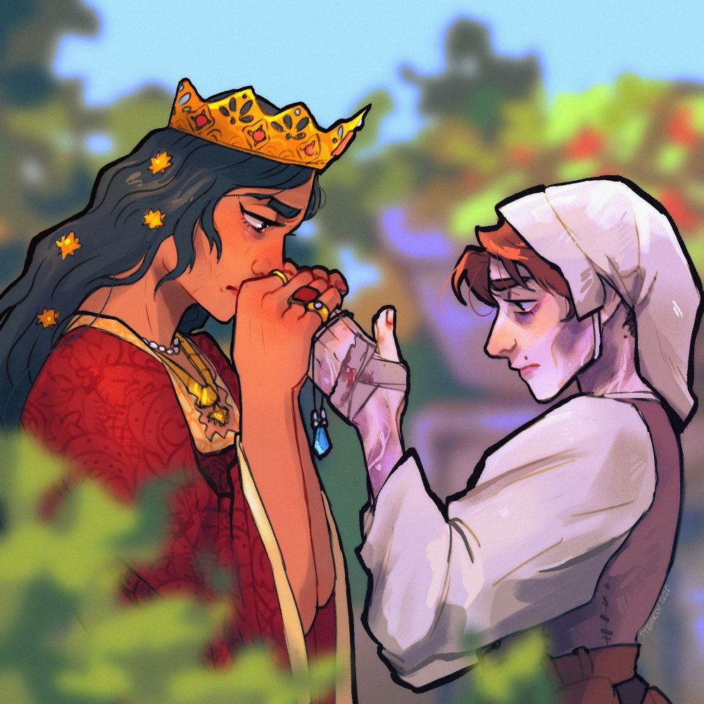 Medieval AU Jayvik - They’re both in a garden, it’s a sunny day with a bright blue sky. Jayce has a big golden crown and long wavy hair with star pins. She’s wearing a Talis red gown and golden jewelry. She has dried tears on her cheeks, her eyes are worried and wet, red from crying. She’s holding the tip of Vik’s fingers in her hands against her mouth, kissing them. Viktoria is in a peasant outfit, white had, a blouse and a brown dress. She’s very pale, her skin is partly covered by a purplish wavy pattern. She has huge bags under her eyes and she cannot look at Jayce’s face. One of her hand has some bloody bandages, her nails are red from picking at it. On her clasps hands, Jayce tied her precious necklace with a blue gem, offering it to her.