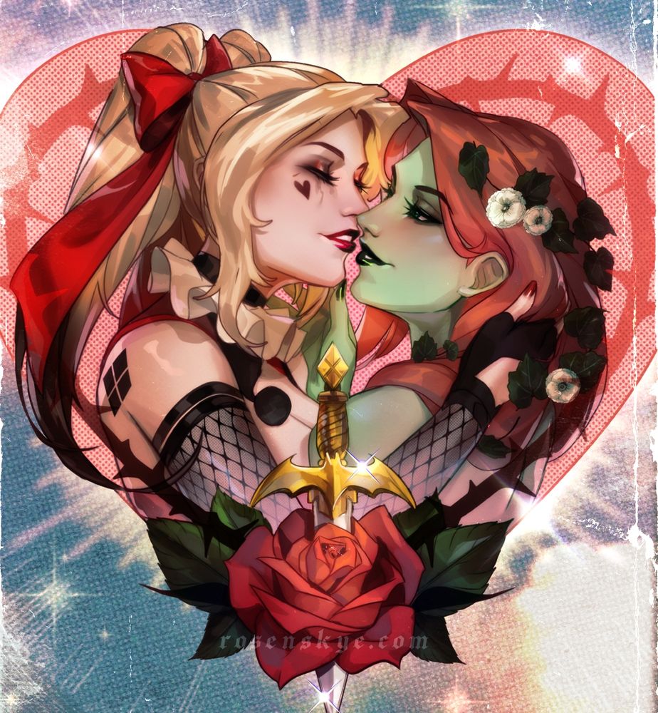  Harley Quinn & Poison Ivy in a heart with a rose and dagger
