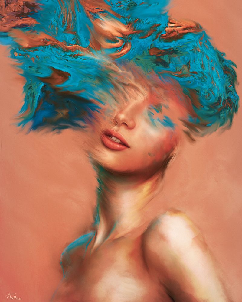 A beautiful surreal portrait painting of a women drifting away 
