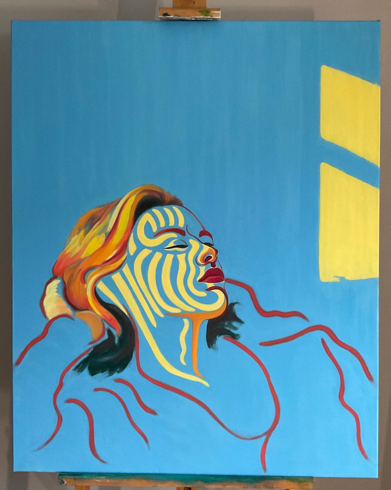 An oil painting of a stylish woman bathing in sunlight on a crisp sky-blue background