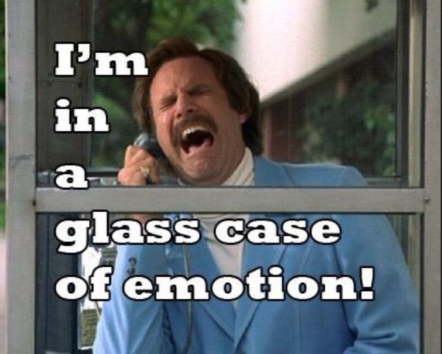 An image of Will Ferrell as Ron Burgundy from the movie Anchorman, in a phone booth yelling "I'm in a glass case of emotion"