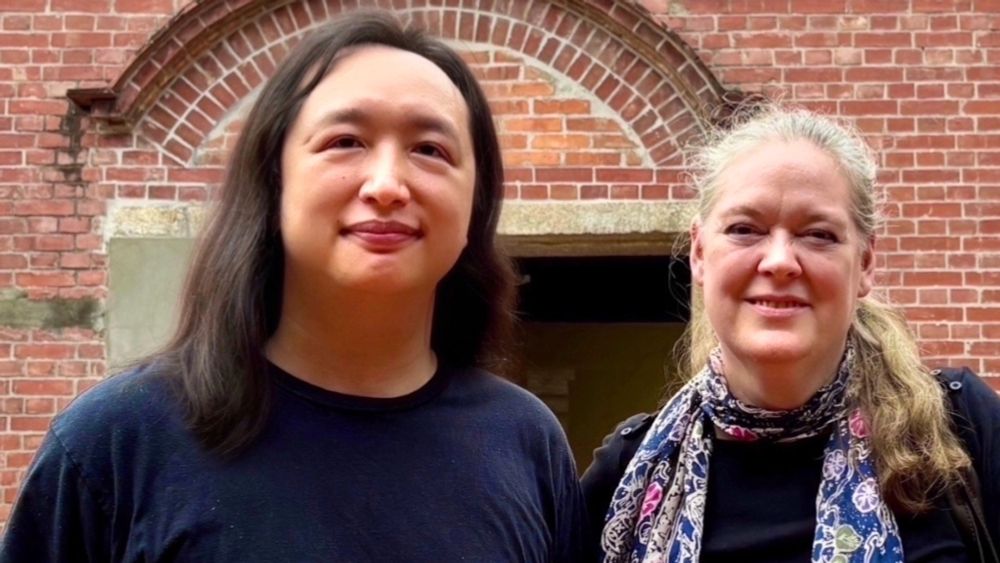 Audrey Tang (left), Taiwan's cyber ambassador and first digital minister, is pictured with Cristina Flesher Fominaya (right), professor of Global Studies at Denmark-based Aarhus University, in New Taipei City, Taiwan.