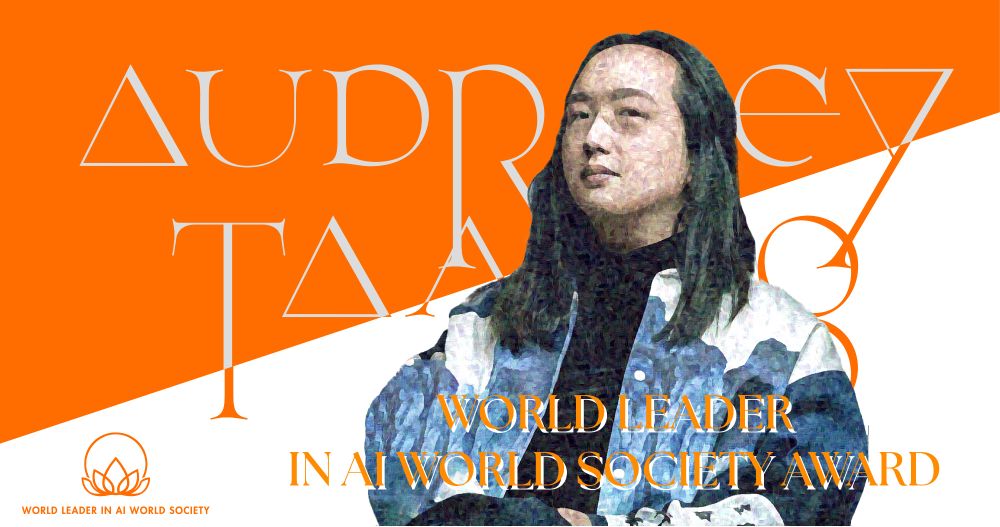 A graphic celebrating Audrey Tang, Taiwan’s cyber ambassador and first digital minister, as recipient of Boston Global Forum’s 2025 World Leader in Artificial Intelligence World Society Award.
