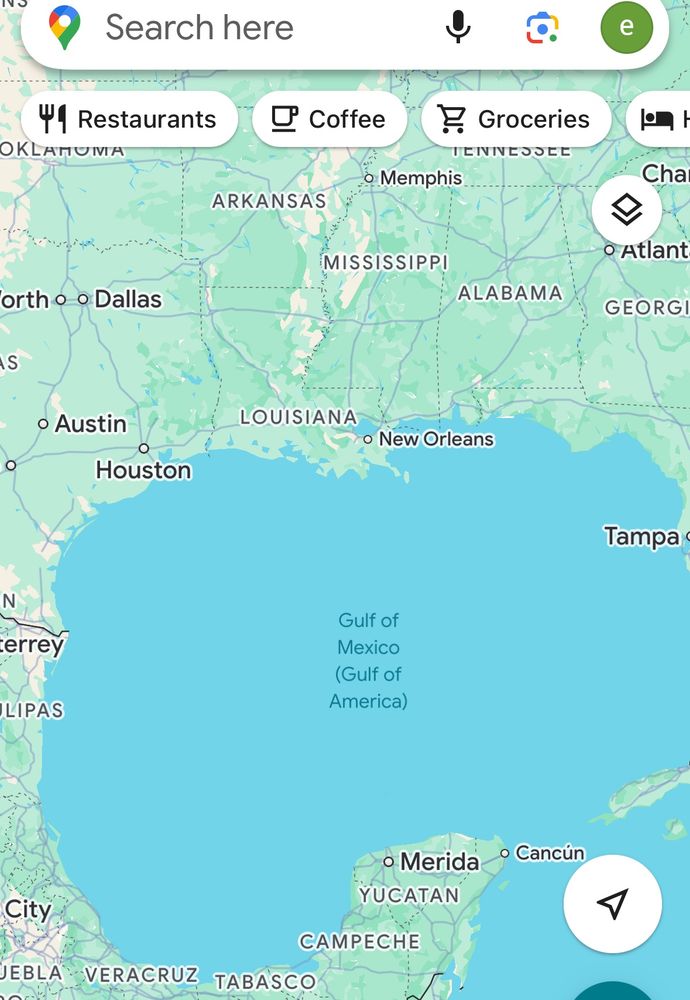 Google Maps in the UK showing Gulf of Mexico (Gulf of America)