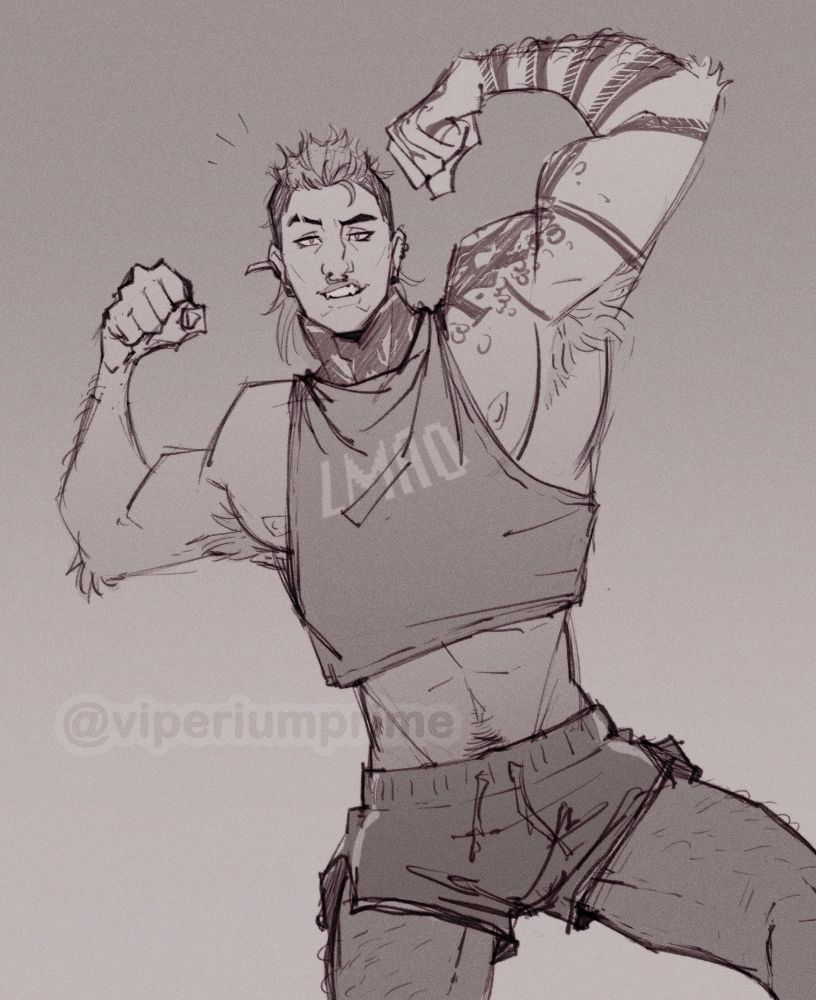 Sketch of my oc TY flexing, wearing a crop top tank top that says LMAO and short shorts. He has a spikey mullet, piercings, and tattoos, and is somewhat hairy