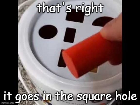 An image of a hand holding round shape over a bucket with various shaped cutouts. The image is captioned "That's right it goes in the square hole."