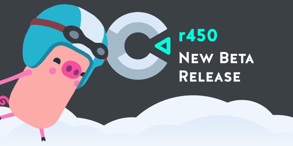 A promotional graphic for Construct's r450 beta release. The design features the company logo alongside their helmet-wearing pig mascot.