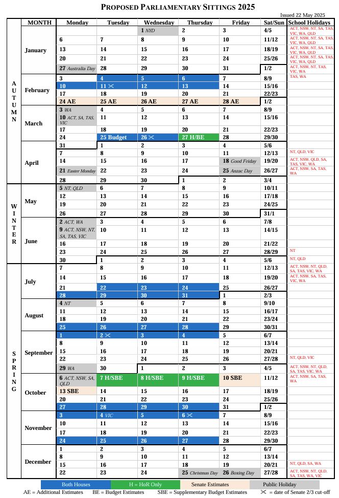 Screenshot of proposed parliamentary sitting calendar