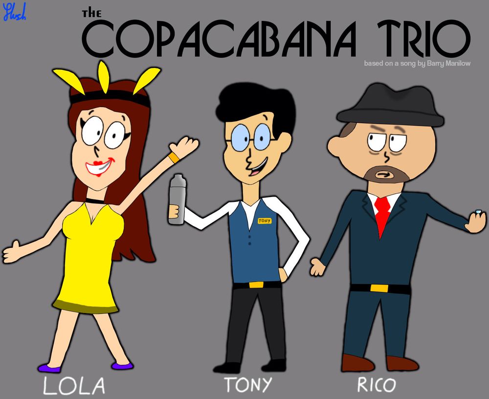 A character design sheet shows the trio of characters from Barry Manilow’s “Copacabana” song. First is Lola, the showgirl with yellow feathers in her hair and a dress “cut down to there”. Second is Tony, the bartender, who fell for Lola. Finally, Rico, who wore a diamond, and the guy who took Tony out, much to Lola’s horror.