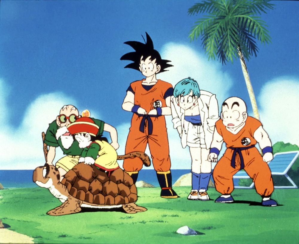 Dragon Ball, a popular Japan-based manga-turned franchise. Here in the anime, the characters (Goku included) are curiously witnessing one of the other characters riding on the shell of a turtle. Or is it a tortoise?