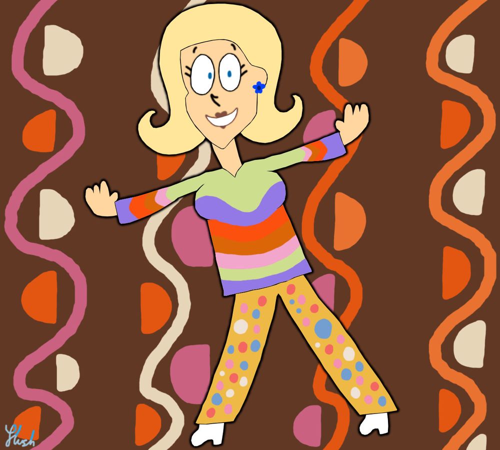 Striking a pose in front of a 1960s pattern of wavy lines and semicircles is a smiling blonde woman with blue eyes. She has a blue flower earring and is wearing a wavy patterned jumper in green, purple, red, brown, and pink colors on the front and the sleeves. She also dons polka dot bell bottom pants and white go-go shoes with heels.