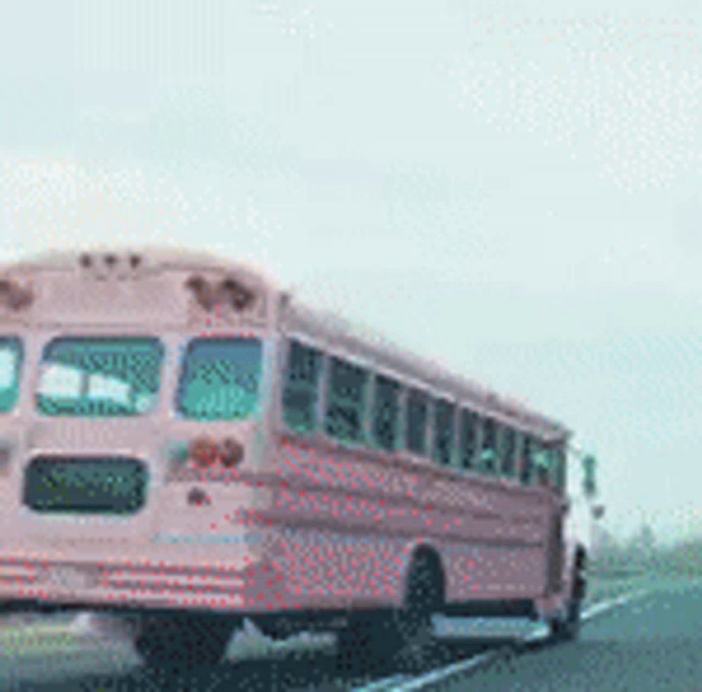 a pink school bus drives down a highway