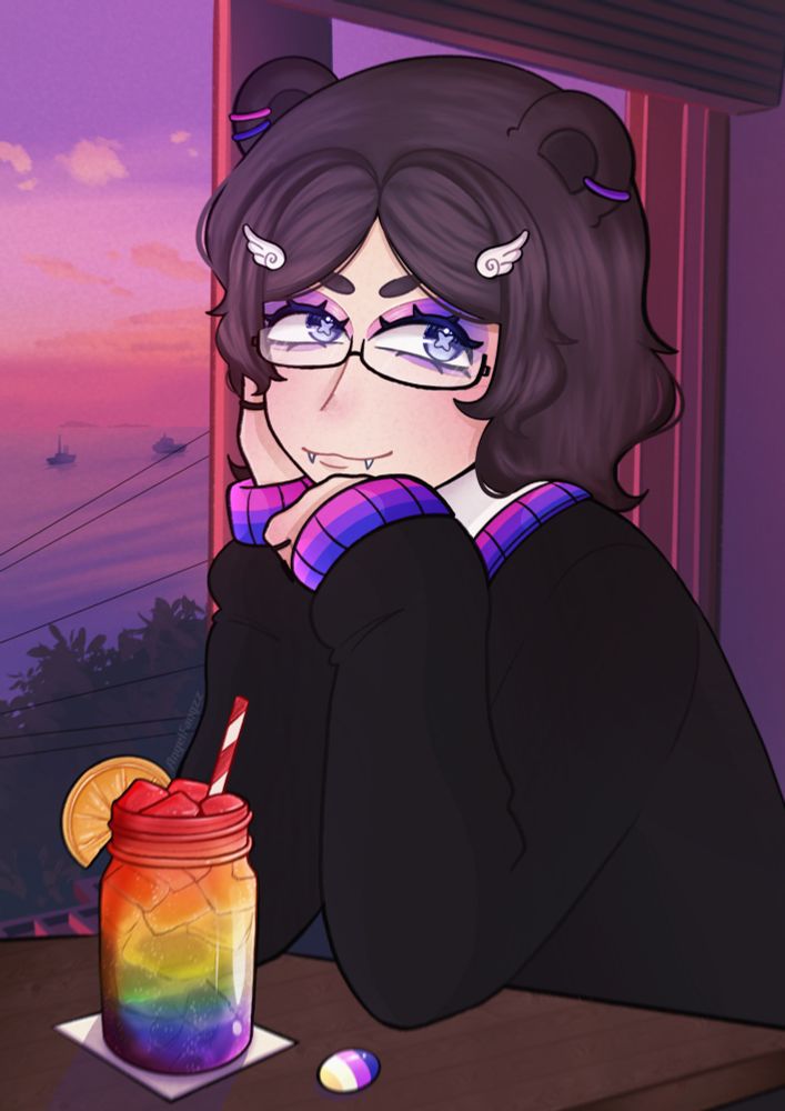A special art piece celebrating pride month, specifically bisexuality and being non-binary!!
Angel’s persona is sitting at a table with a rainbow drink and non-binary pin on it. There is a beautiful view of an ocean outside the window behind them. They are wearing a sweater with the bisexual flag colours on the cuffs and have the same colours as eyeshadow. The overall colour scheme is pink, purple and blue. 