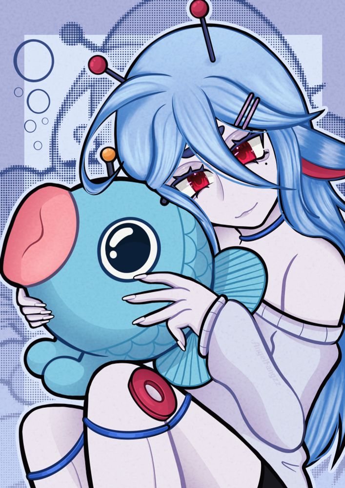 Fanart of Cindrr, an alien cyborg, sitting with their knees up holding their chat mascot, blubber. The overall colour theme is light blue, grey and reddish pink. 