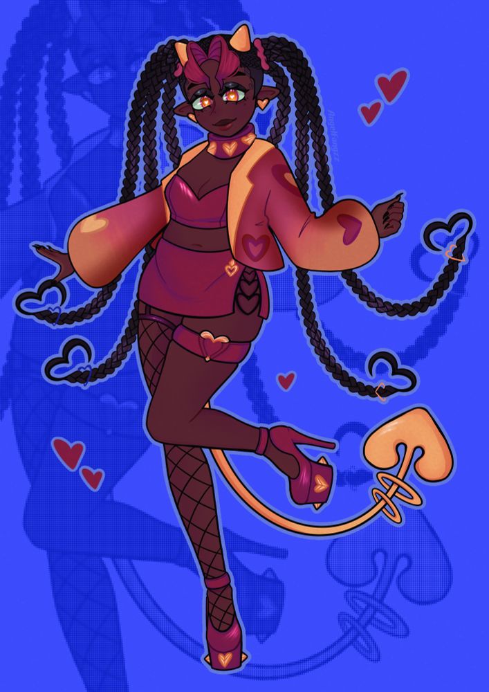 A drawing of Impyuuo’s Oc, Berry, posing cutely with one leg bent up and smiling at the camera. The overall colour scheme is pinks, oranges, purples and blues. 