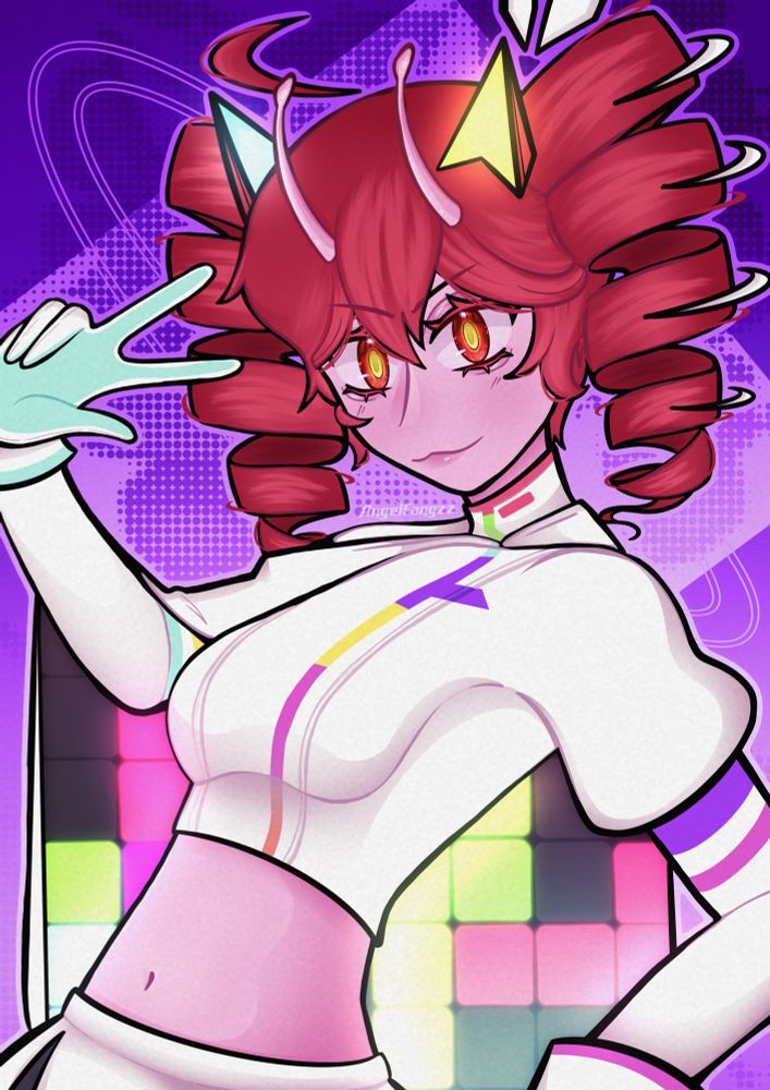 A drawing of the design of the vocaloid Kasane Teto, originally made by DyaRikku. 
Teto is drawn as a pink alien with an overall Tetris theme. She has one hand on her side, while the other is in a peace like sign. She has a smug expression on her face. 